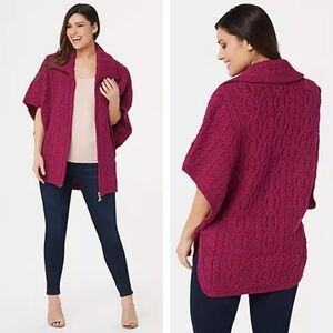 Aran Crafts Merino Wool Zip Front Cape cardigan sweater purple wine red medium